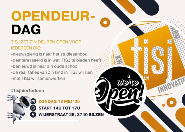 TISJ zet z’n deuren open op zondag 18 mei 2025! 🔌🛠️⛹🏻‍♀️ Kom zeker een kijkje nemen en ontdek onze school 💡🧰