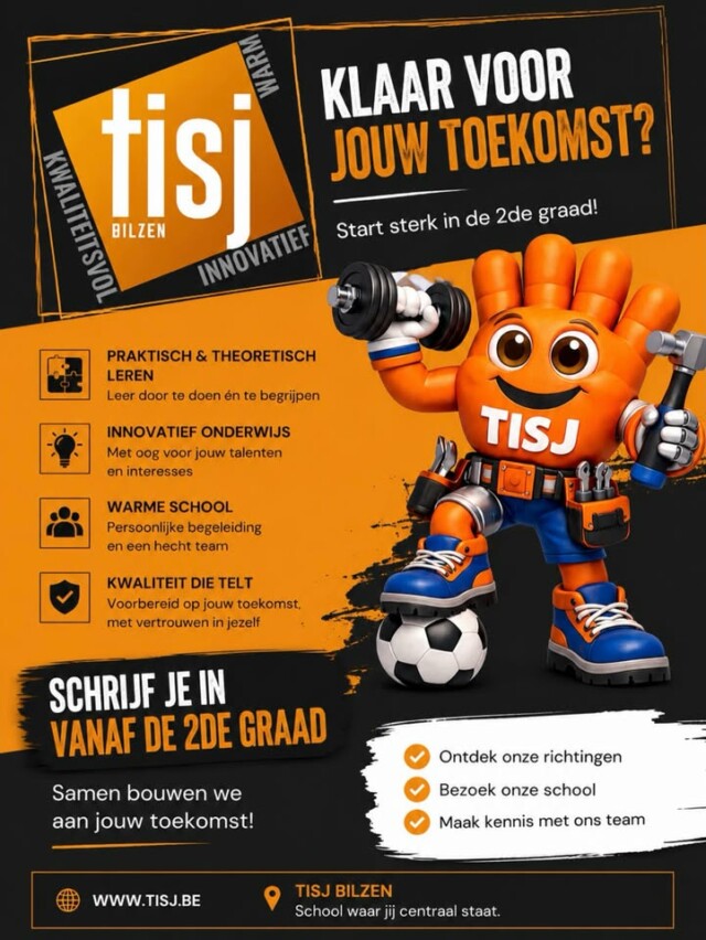 🎓 Op zoek naar een school waar jouw zoon of dochter kan groeien, ontdekken en zich voorbereiden op de toekomst?

Bij TISJ Bilzen zetten we in op kwaliteitsvol, warm en innovatief onderwijs. Vanaf de 2de graad bieden we een sterke mix van praktijk en theorie, zodat elke leerling zijn of haar talenten maximaal kan ontwikkelen.

📅 Onze school is tijdens de zomervakantie nog geopend t.e.m. 7 juli, zodat u fysiek telkens op werkdagen van 8.30 u. tot 16.00 u. Kunt komen informeren of een inschrijving in orde brengen.

🌞 Nadien verwelkomen we je graag opnieuw vanaf 17 augustus, opnieuw op werkdagen van 8.30 u. tot 16.00 u.

📍 Kom langs, ontdek onze richtingen en maak kennis met onze warme school.

We kijken ernaar uit jullie te ontmoeten!

#TISJBilzen #Onderwijs #secundaironderwijslimburg