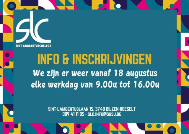 Vanaf 18 augustus gaan onze schoolpoorten terug open!  
Ben je nog op zoek naar een school, had je graag nog wat informatie gehad over het leren en leven in het SLC of wil je inschrijven?  Dan ben je vanaf maandag welkom, elke werkdag tussen 9.00u en 16.00u.
We kijken ernaar uit om jou te ontmoeten!