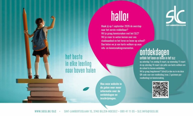 Onze infoavond en de scholenbeurzen zijn achter de rug maar wil je graag ontdekken hoe wij in het SLC samen leren en samen leven dan ben je van harte welkom tijdens onze ONTDEKDAGEN op 7, 8, 11 en 14 maart.  Tijdens een rondleiding en kennismakingsgesprek laten we je graag zien hoe we het beste in elke leerling naar boven halen.
Je kan inschrijven via deze link: https://shorturl.at/DUMv0  of via de QR-code.  Heb je nog vragen? Stuur dan gerust een bericht naar slc.directie@sgsj.be