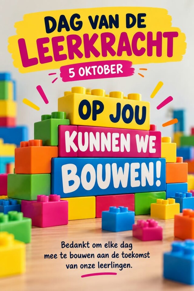 Elke dag bouwen onze leerkrachten mee aan onze school. Met een heldere uitleg, een luisterend oor, een flinke portie geduld en een vleugje humor helpen ze de leerlingen groeien.  Vandaag is het de Dag van de Leerkracht en daarom zetten we hen graag in de kijker. Bedankt voor jullie inzet, jullie geduld en al die kleine dingen die een groot verschil maken. Op jullie kunnen we bouwen.